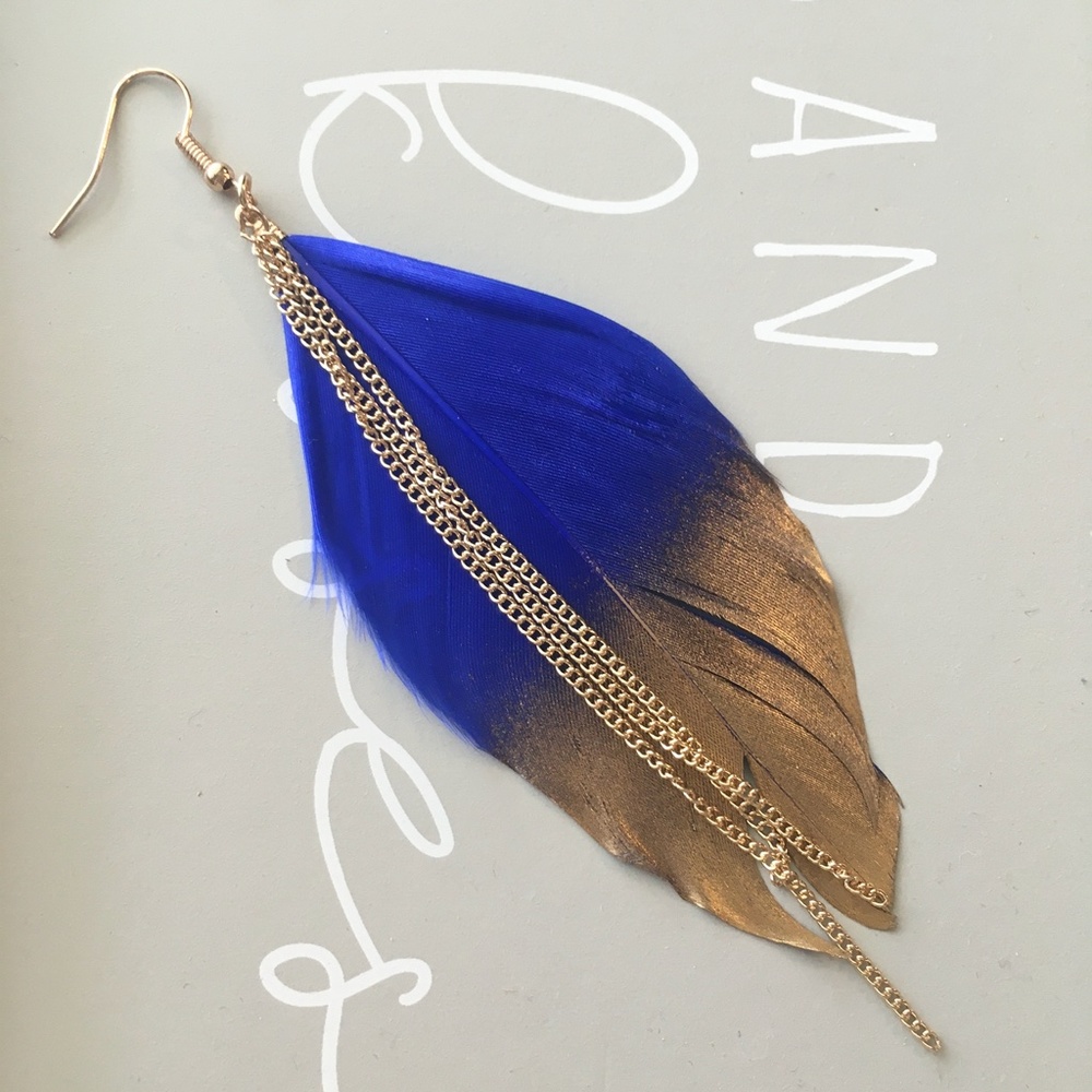 Gold-Dipped Royal Blue Chain Feather Earrings - Picture 3 of 5